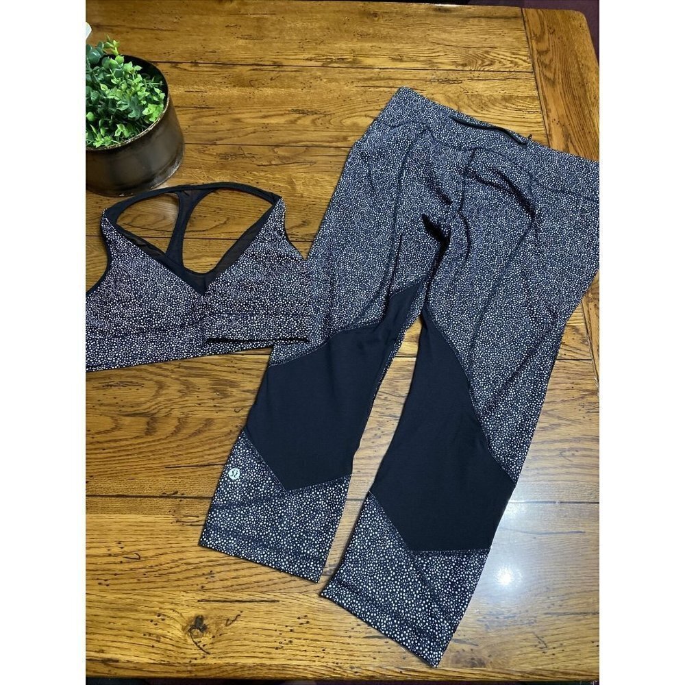 LULULEMON Pace Rival Crop in Scatter Star Arctic Grey/Black Size 8 & Sports Bra
